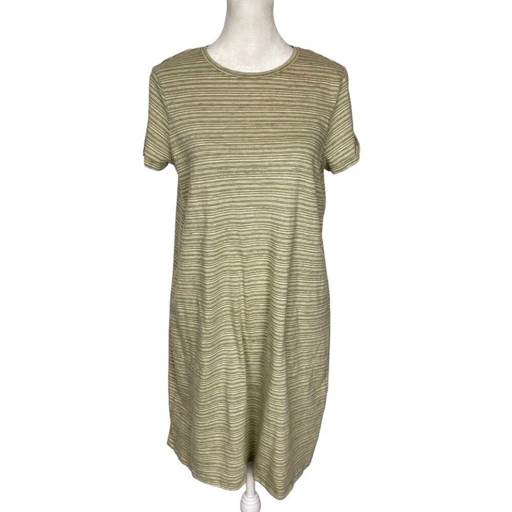 PURE JILL Women Shift Dress Sz S Green Stripped Short Sleeve Pocket Casual h-57
